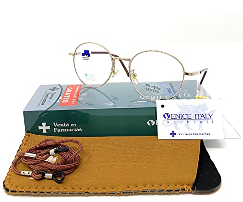 VENICE EYEWEAR OCCHIALI | New Model Gafas de lectura con filtro bloqueo luz azul para gaming, ordenador, móvil. ULTIMA MODA Anti fatiga GOLD LENNON unisex Venice (Gold, +1,00)