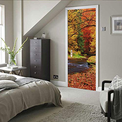 Vinilos Puerta Etiqueta 3D Autoadhesiva Arte Moderno PVC Adhesiv Extraíble DIY Impermeable Decorativo Mural.Río de otoño 77x200cm