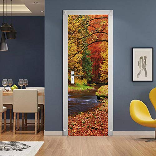 Vinilos Puerta Etiqueta 3D Autoadhesiva Arte Moderno PVC Adhesiv Extraíble DIY Impermeable Decorativo Mural.Río de otoño 77x200cm