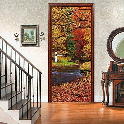 Vinilos Puerta Etiqueta 3D Autoadhesiva Arte Moderno PVC Adhesiv Extraíble DIY Impermeable Decorativo Mural.Río de otoño 77x200cm