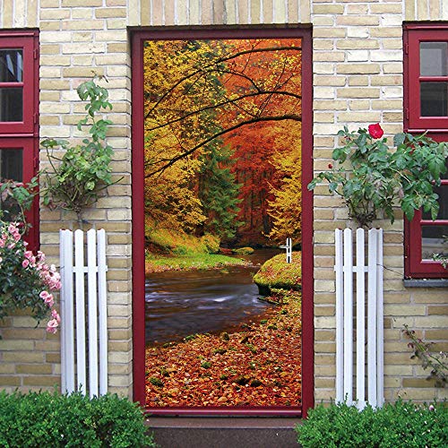 Vinilos Puerta Etiqueta 3D Autoadhesiva Arte Moderno PVC Adhesiv Extraíble DIY Impermeable Decorativo Mural.Río de otoño 77x200cm