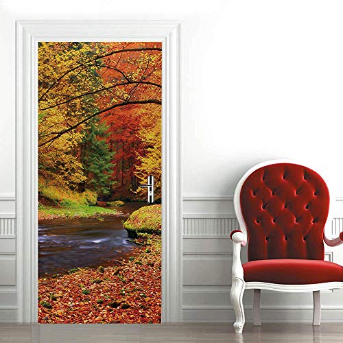 Vinilos Puerta Etiqueta 3D Autoadhesiva Arte Moderno PVC Adhesiv Extraíble DIY Impermeable Decorativo Mural.Río de otoño 77x200cm