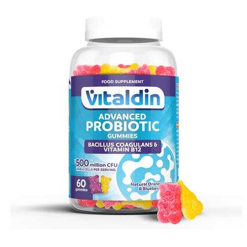 VITALDIN Probiótico gummies – 500 millones de cepas de Bacillus Coagulans por dosis + Vitamina B12 – 60 gominolas (suministro para 1 mes); sabor a Frutas – Flora Intestinal – Apto para Niños & Adultos