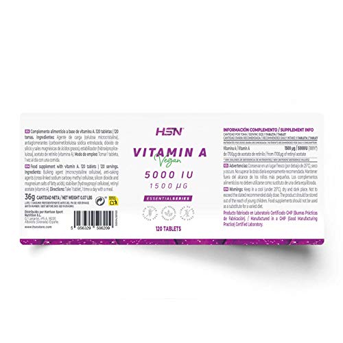 Vitamina A 5000 IU de HSN | Acetato de Retinilo | Alta Concentración y Máxima Biodisponibilidad | Vegano, Sin Gluten, Sin OGM | 120 Cápsulas Vegetales