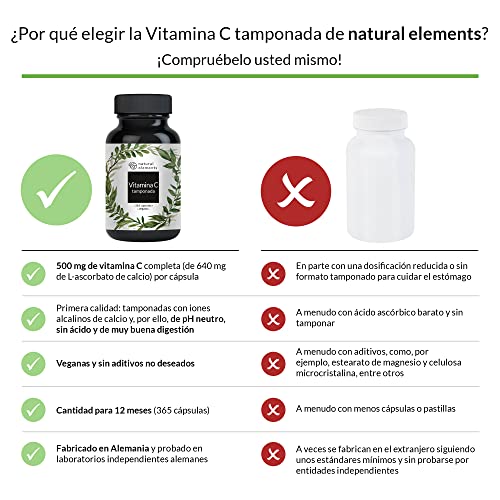 Vitamina C 500 mg (1000 mg por 2 cápsulas) - 365 cápsulas - Premium: ferment. vegetal, tamponada (pH neutro, sin ácido, inocuo para el estómago) - sin aditivos no deseados, vegano