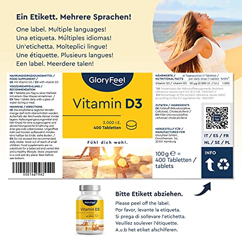 Vitamina D3 2000UI - 400 Tabletas Veganas (Suministro para 1+ año) - Respalda huesos, dientes, músculos y sistema inmunológico - Sin aditivos. Fabricado en Alemania