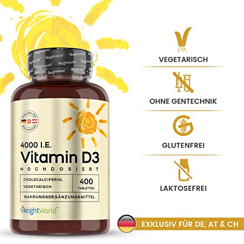 Vitamina D3 4000 UI Alta Dosis - 400 Comprimidos, Suplemento Vitamínico de Vitamina D Colecalciferol, Contribuye a la Función Normal del Sistema Inmunológico, 400 Días de Suministro