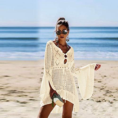 Voqeen Mujer Pareos Playa Traje de Baño Verano Vestido de Playa Sexy Bikini Cover up Camisola de Playa Camisolas y Pareos Ganchillo Túnica de Punto Estilo Sobredimensionado (Beige)