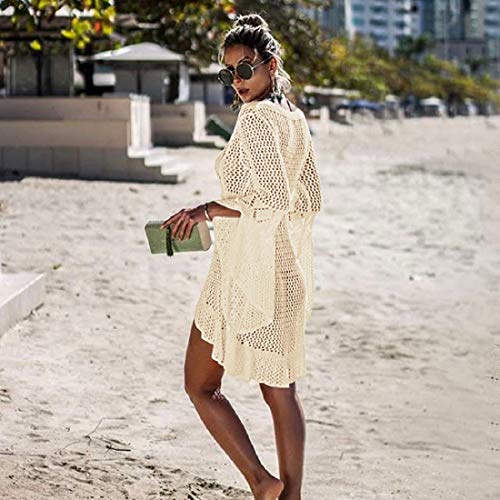 Voqeen Mujer Pareos Playa Traje de Baño Verano Vestido de Playa Sexy Bikini Cover up Camisola de Playa Camisolas y Pareos Ganchillo Túnica de Punto Estilo Sobredimensionado (Beige)