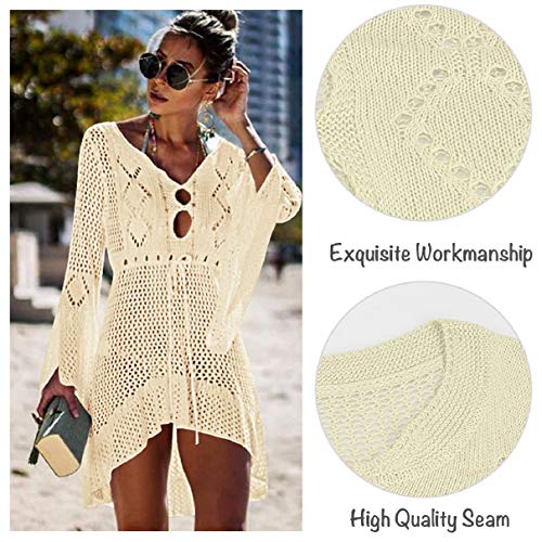 Voqeen Mujer Pareos Playa Traje de Baño Verano Vestido de Playa Sexy Bikini Cover up Camisola de Playa Camisolas y Pareos Ganchillo Túnica de Punto Estilo Sobredimensionado (Beige)