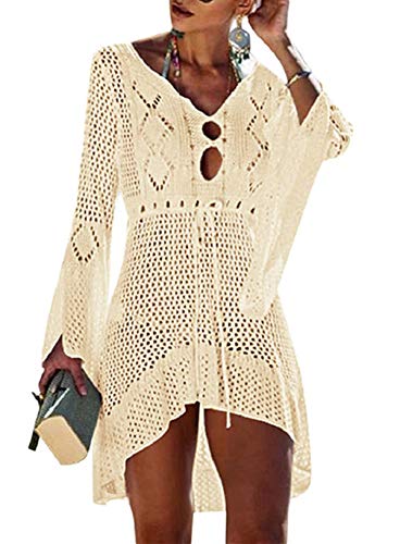 Voqeen Mujer Pareos Playa Traje de Baño Verano Vestido de Playa Sexy Bikini Cover up Camisola de Playa Camisolas y Pareos Ganchillo Túnica de Punto Estilo Sobredimensionado (Beige)