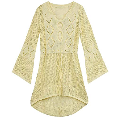 Voqeen Mujer Pareos Playa Traje de Baño Verano Vestido de Playa Sexy Bikini Cover up Camisola de Playa Camisolas y Pareos Ganchillo Túnica de Punto Estilo Sobredimensionado (Beige)