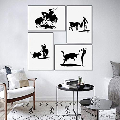 VVSUN Blanco y Negro Línea Picasso Animal Pingüino Perro Lienzo Paloma Decoración Pintura Cartel taurino Sala de Estar Imagen de la Pared 30X40cm 12x16 Pulgadas * 4pcs Sin Marco