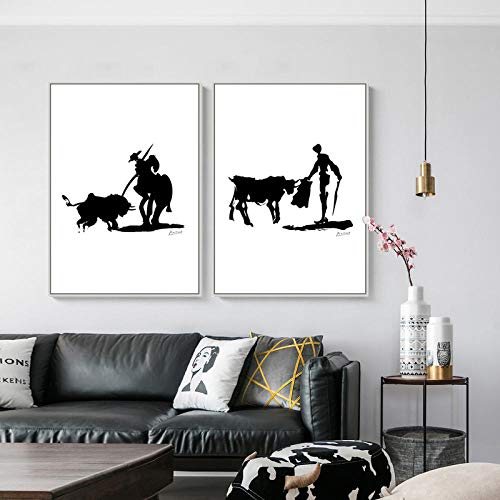 VVSUN Blanco y Negro Línea Picasso Animal Pingüino Perro Lienzo Paloma Decoración Pintura Cartel taurino Sala de Estar Imagen de la Pared 30X40cm 12x16 Pulgadas * 4pcs Sin Marco