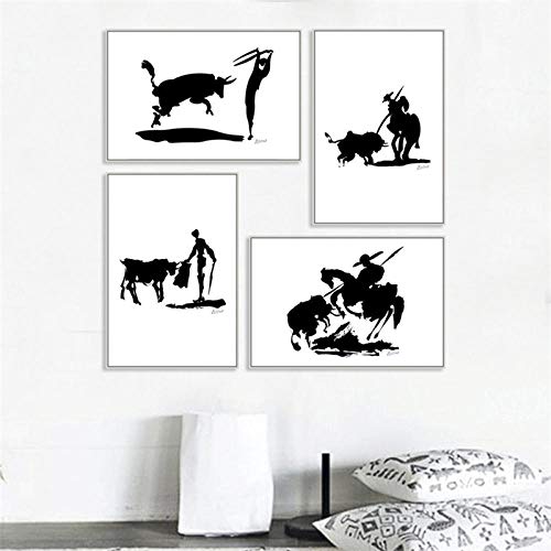 VVSUN Blanco y Negro Línea Picasso Animal Pingüino Perro Lienzo Paloma Decoración Pintura Cartel taurino Sala de Estar Imagen de la Pared 30X40cm 12x16 Pulgadas * 4pcs Sin Marco