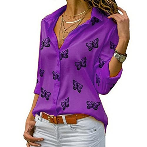 WAEKQIANG Camisa De Solapa Suelta con Estampado De Mariposa Multicolor De Solapa Informal Camiseta Suelta De Moda para Mujer