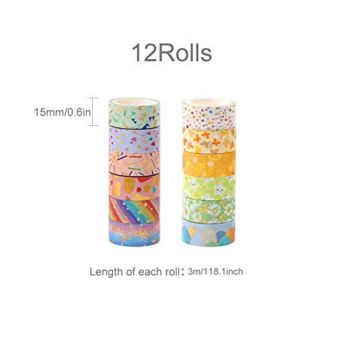 Washi Tape, 12 rollos de cinta adhesiva decorativa Washi Tape, diseño de flores, lámina dorada decorativa para manualidades, 15 mm x 3 m