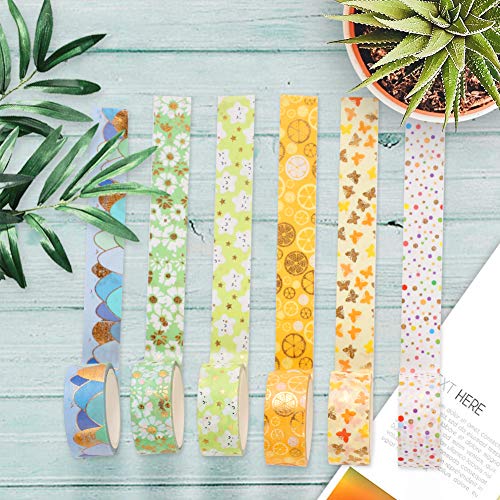 Washi Tape, 12 rollos de cinta adhesiva decorativa Washi Tape, diseño de flores, lámina dorada decorativa para manualidades, 15 mm x 3 m