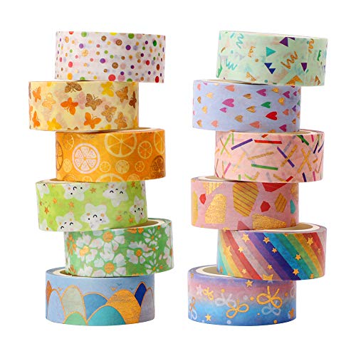 Washi Tape, 12 rollos de cinta adhesiva decorativa Washi Tape, diseño de flores, lámina dorada decorativa para manualidades, 15 mm x 3 m