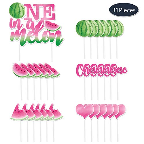 WERNNSAI Sandía Cupcake Toppers - 31PCS One In A Melon Cake Topper para Niñas 1er Cumpleaños Verano Frutas Tropicales Fiesta Temática de Sandía Cup Cake Topper Recoge Decoraciones