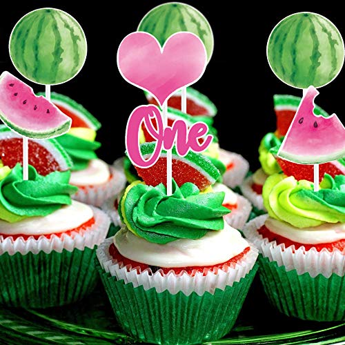 WERNNSAI Sandía Cupcake Toppers - 31PCS One In A Melon Cake Topper para Niñas 1er Cumpleaños Verano Frutas Tropicales Fiesta Temática de Sandía Cup Cake Topper Recoge Decoraciones