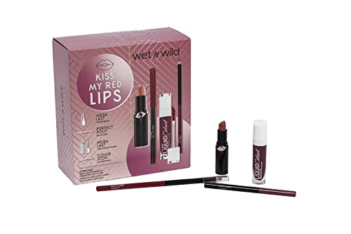 Wet n Wild, Kiss My Red Lips Makeup Set, Makeup Kit with Lip Liners and Lipsticks, with Vitamin E and Hyaluronic Acid, Gift for Girls