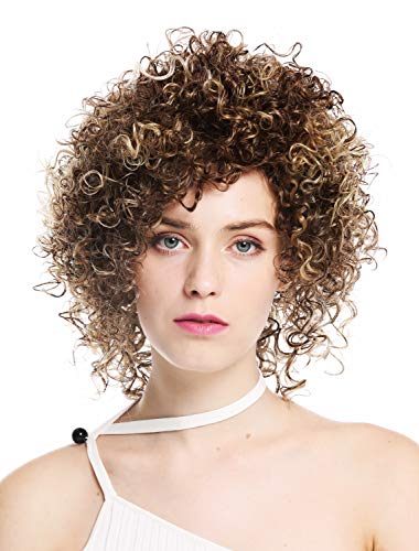 WIG ME UP- VK-11-F1010 peluca de mujer pelo corto voluminoso rizado teñido rizos salvajes castaño mechas rubias