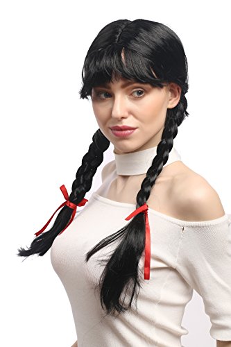 WIG ME UP- XR-008-P103 Peluca Mujeres Carnaval Cosplay Larga Trenzas con Cintas Trenzadas Flequillo Colegiala Lolita Negro 60 cm