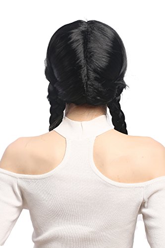 WIG ME UP- XR-008-P103 Peluca Mujeres Carnaval Cosplay Larga Trenzas con Cintas Trenzadas Flequillo Colegiala Lolita Negro 60 cm