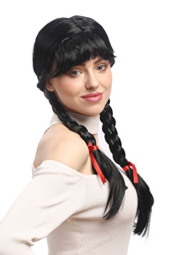 WIG ME UP- XR-008-P103 Peluca Mujeres Carnaval Cosplay Larga Trenzas con Cintas Trenzadas Flequillo Colegiala Lolita Negro 60 cm