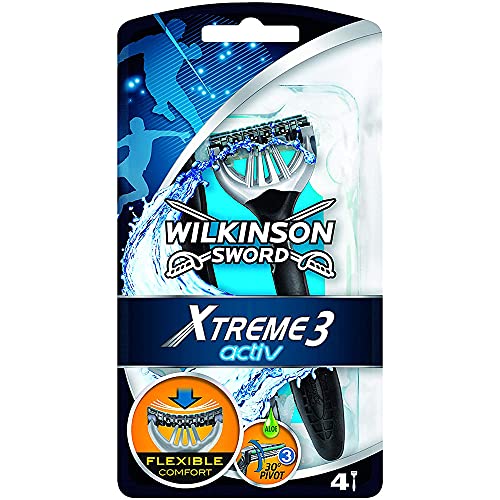 Wilkinson Sword Xtreme 3 Activ - Maquinillas de Afeitar Desechables Premium Ultra Deslizantes de 3 Hojas para Hombres, Cabezal Flexible con Banda Lubricante con Aloe y Jojoba, Pack de 4 Es