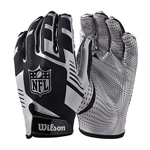 Wilson WTF930700M Guantes de Receptor para Fútbol Americano, Nfl Stretch Fit Receivers Glove, Talla Única, Negro/Plateado