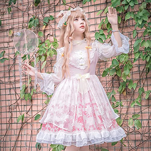 WKNBEU Japonés Lolita Vestido Sakura Sweet Kawaii Ropa Victorian Vintage Mujer Rosa Vestido Princesa Té Party Dresses Pink-L