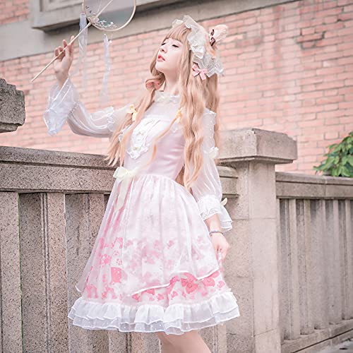 WKNBEU Japonés Lolita Vestido Sakura Sweet Kawaii Ropa Victorian Vintage Mujer Rosa Vestido Princesa Té Party Dresses Pink-L