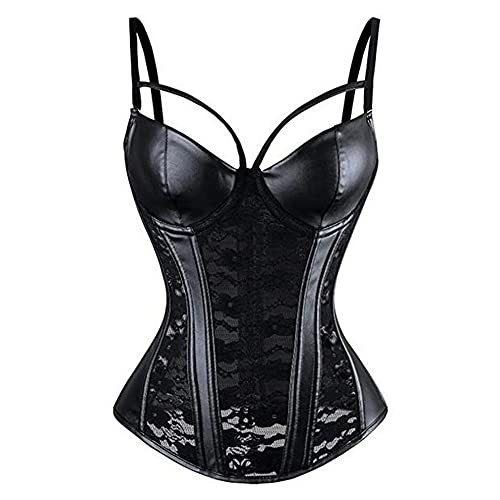 Woboren Corsé Cuero Bustier con Liguero para Mujer Conjuntos de Lencería Corpiños de Encaje Negro (Negro, 2XL)