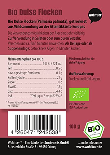 Wohltuer Copos de dulse orgánicos de 100 g, de comercio justo y recogida sostenible y certificada, de Dulse algas orgánicas, secados en el Atlántico