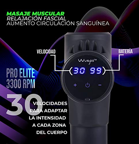 Wueps Pistola Masaje Muscular de Tejido Profundo, Masajeador ProElite-Carbono, 3300 Golpes Por Minuto y 8 cabezales, Alivio de Dolores musculares, espalda, Uso idoneo para Deportistas, Masajistas