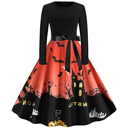 Xyfw Manga De La Túnica De Halloween Femme Automne Rockabilly Largo Vestido De Las Mujeres del Invierno Vestidos Modela del Vintage 50S 60S Oscilación Grande Vestido De Halloween Vestir,L