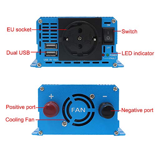 Yinleader Inversor De Corriente Onda Sinusoidal Pura 1000W Transformador De 12v A 230v, Inversor con 1 Toma EU Enchufe 2 USB para Coche Caravana Barco cámping de Viaje /2000W Potencia de sobretensión