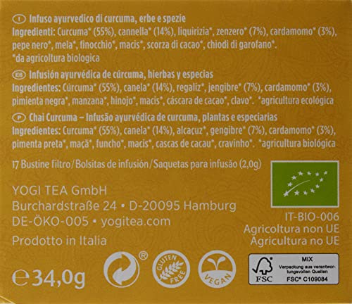 Yogi Tea - Chai Cúrcuma, Infusión Ayurvédica de Especias con Cúrcuma, Canela y Jengibre - 17 Bolsitas, 34g