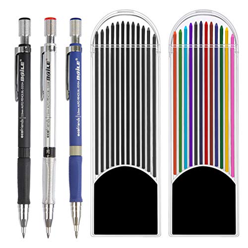 YOTINO 3 Piezas 2.0 mm Lápiz Mecánico con 24 Pcs Mina de Lápiz Recambios de Color y Negros para Dibujo, Escritura, Manualidades, Bosquejo