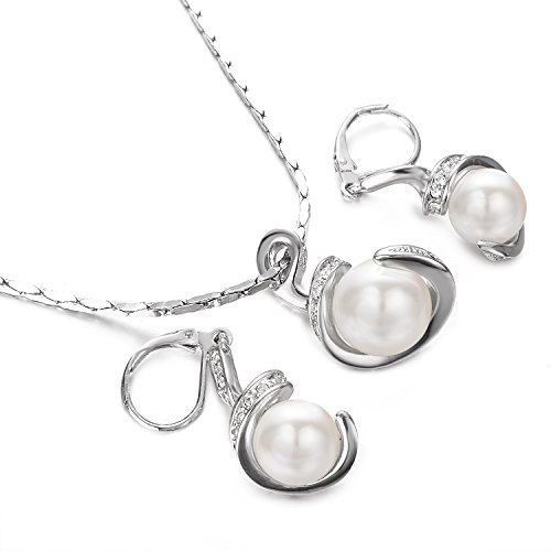 Yoursfs Chapado en Oro Blanco Conjunto de Collar y Pendiente Perlas Artificiales para Mujeres con Colgante de Bola de Cristal