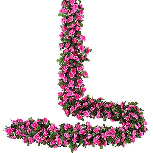 YQing 4 Piezas Artificiales Rosas Flores Guirnalda, 250cm Rosas Falsas Artificial Flor Rosa Vid Planta con Hojas de Hiedra Verde para la decoración del jardín del Banquete de Boda (Rojo)