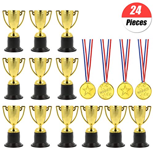 YuChiSX 24 Piezas de trofeos de medallas Set,12 x Mini Trofeo de plástico de Oro,12 x medallas ganadoras para Favores Adornos de Fiesta