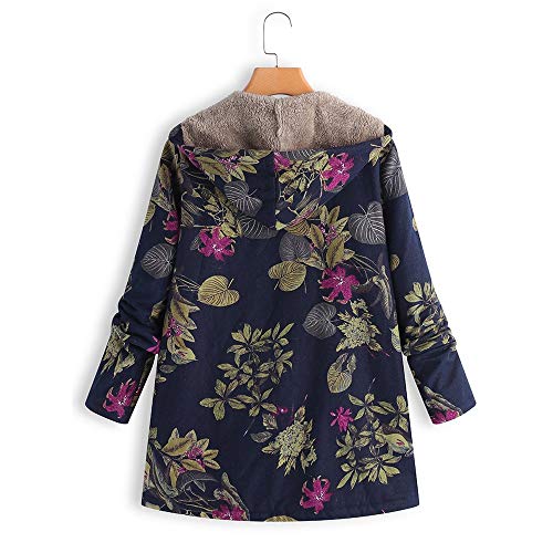 Yvelands Mujer Blusa Superior Invierno Cálido Outwear Estampado Floral Bolsillos con Capucha Abrigos de Gran tamaño Vintage(Navy,M)