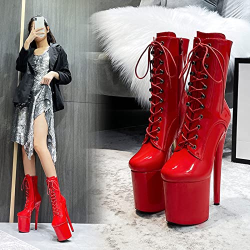 Zapatillas de Baile de Pole Talle Monedas 20cm Super High Heel Toel Knight Boots Discoteca Etapa de tacón Alto Botas de tacón de tacón de Altura,Rojo,42 EU