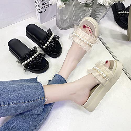 Zapatillas De Estar por Casa Mujer Invierno，Zapatillas De Malla De Perlas De PequeñA Fragancia, Hembra 2021 Verano Nuevo Fondo Grueso Fairy Wild Temperament Word Drag-Modelos De Mujeres_UE 36 (230mm