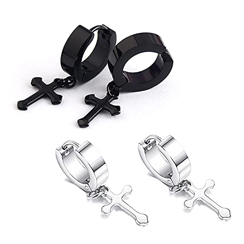 Zeayebsr 2 Pares Pendientes de Mujer Hombre, Pendientes en Forma de Cruz de Estilo de Moda de Acero Inoxidable, hechos en Plata de Ley 925 para hombre y mujer Regalo Navidad San Valentín（plata negra）