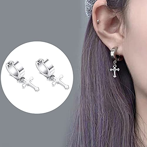 Zeayebsr 2 Pares Pendientes de Mujer Hombre, Pendientes en Forma de Cruz de Estilo de Moda de Acero Inoxidable, hechos en Plata de Ley 925 para hombre y mujer Regalo Navidad San Valentín（plata negra）