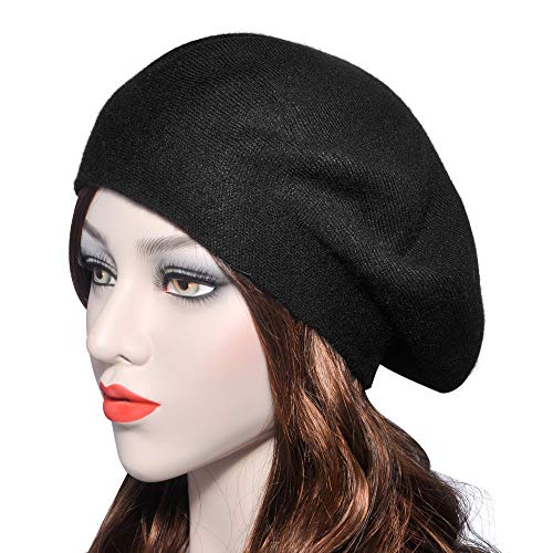 ZLYC Sombrero de boina francesa, Reversible Color Sólido Cachemira Punto Caliente Boina Cap para Mujeres Niñas - negro - Talla única